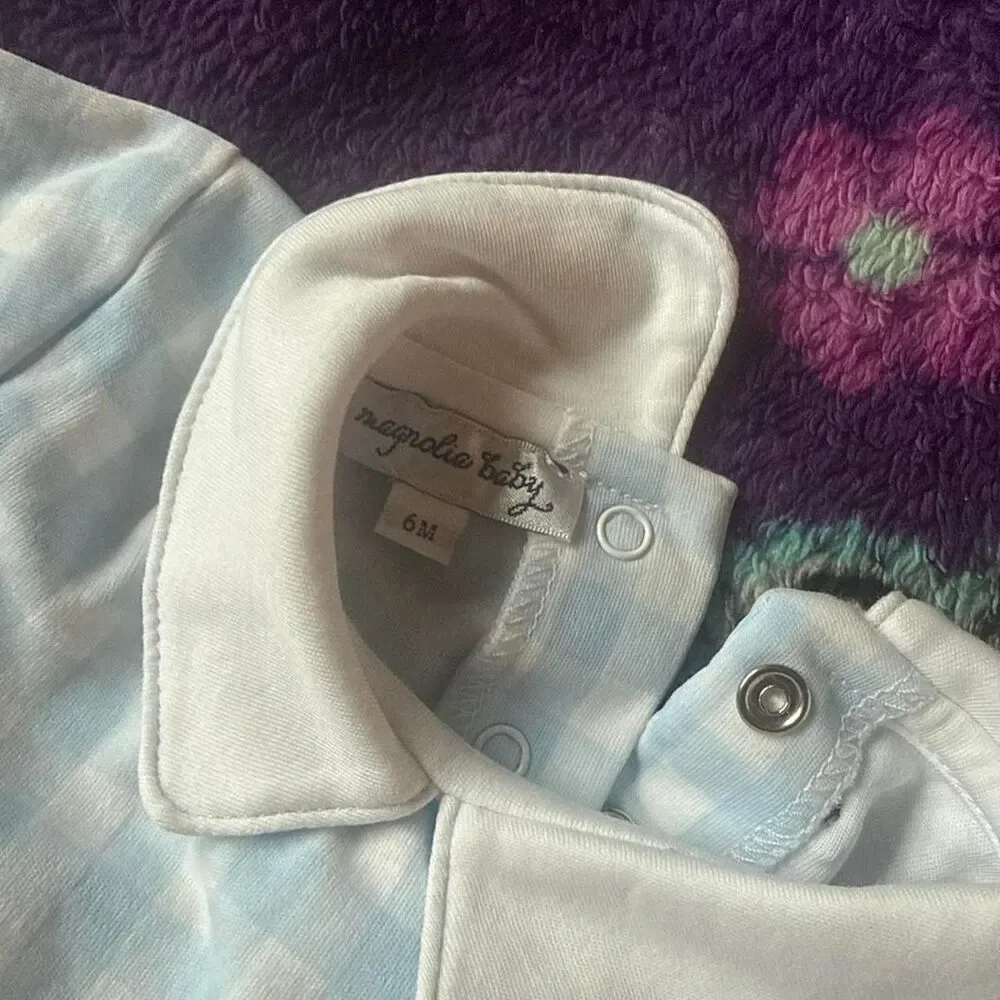 Magnolia Baby Blue White Gingham Romper 6 Months NWT Peter Pan Collar